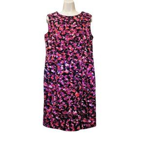 Jones New York Dress 12 Purple Red Black Abstract Print Sleeveless Lined